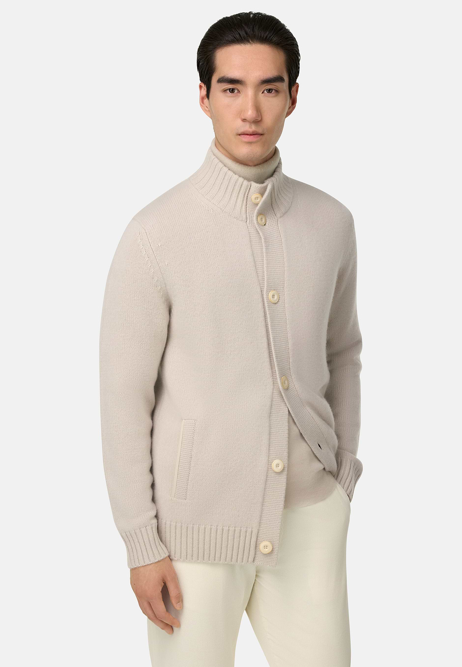 Knitted Cashmere Cardigan, Ice, hi-res