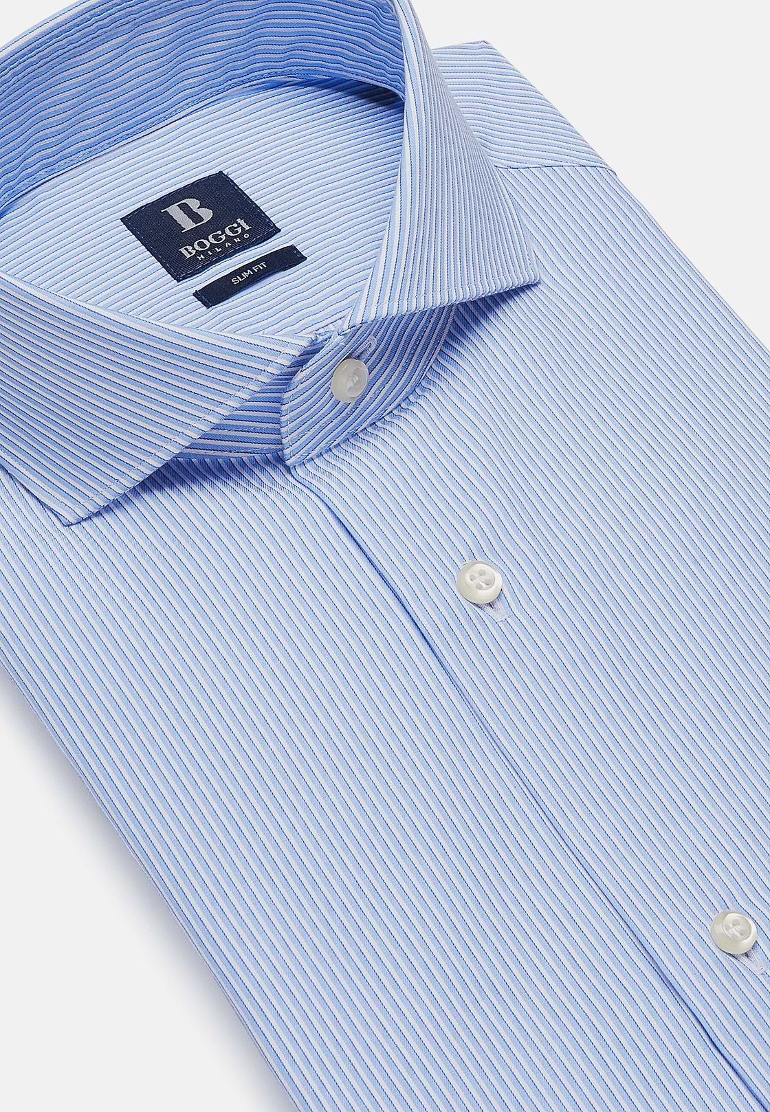 Camisa De Rayas Celestes De Algodón Dobby Slim Fit, Azul, hi-res