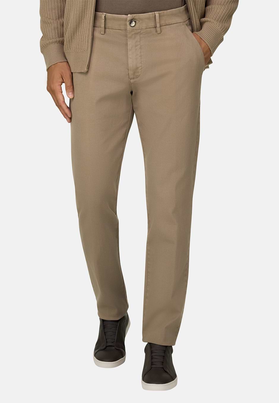 Trousers in Stretch Cotton, Taupe, hi-res