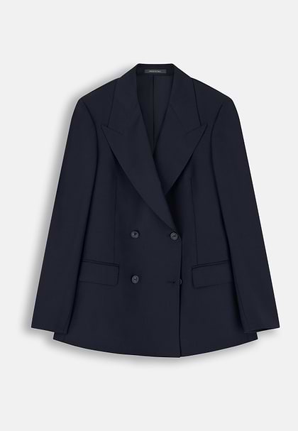 Marynarka Dwurzędowa z Wełny w Kredkowy Prążek, Navy blue, hi-res