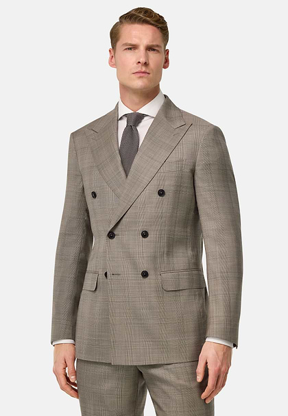Prince of Wales Check Pure Wool Suit, Taupe, hi-res
