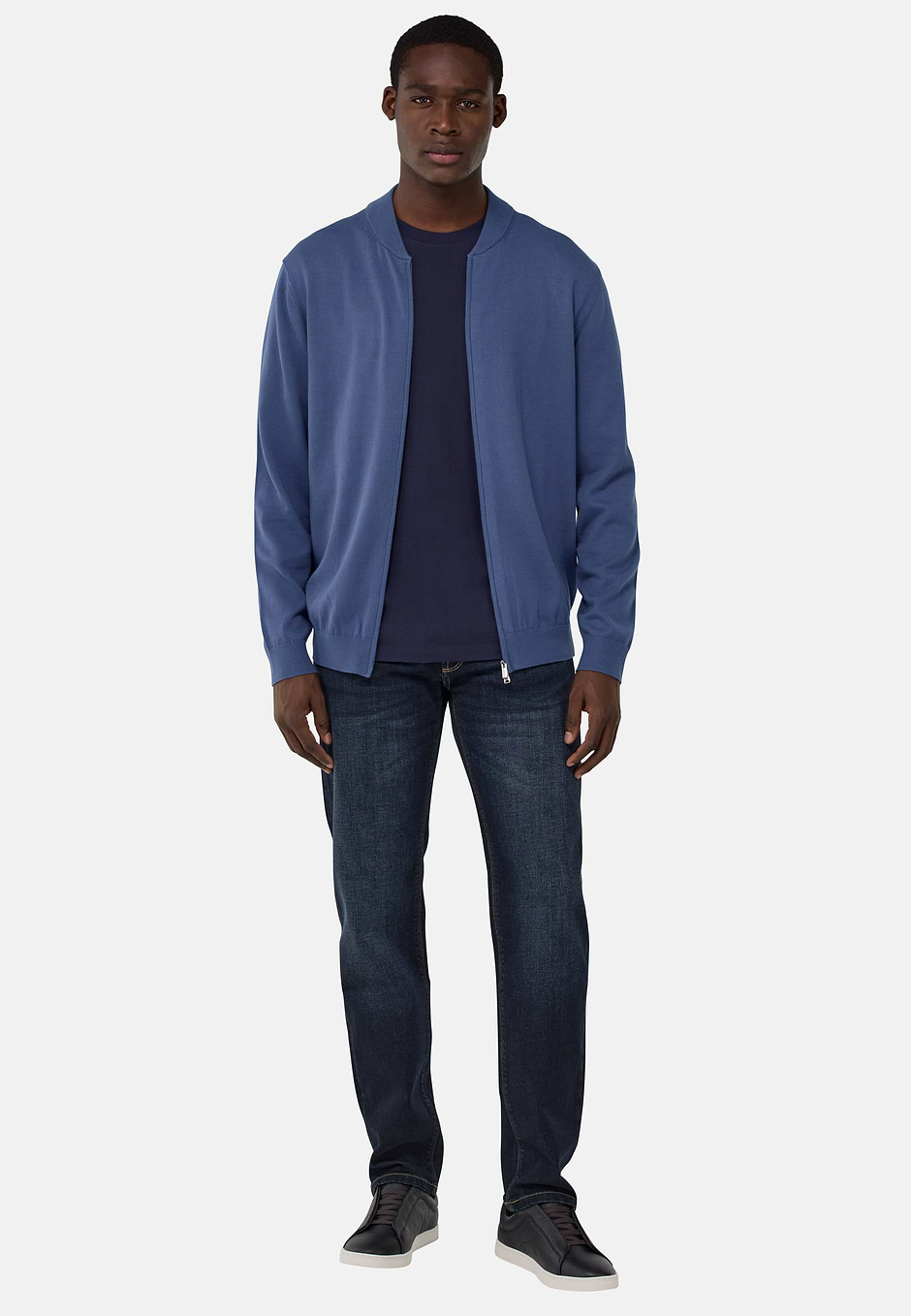 Maglia Full Zip Bomber in Cotone, Indaco, hi-res