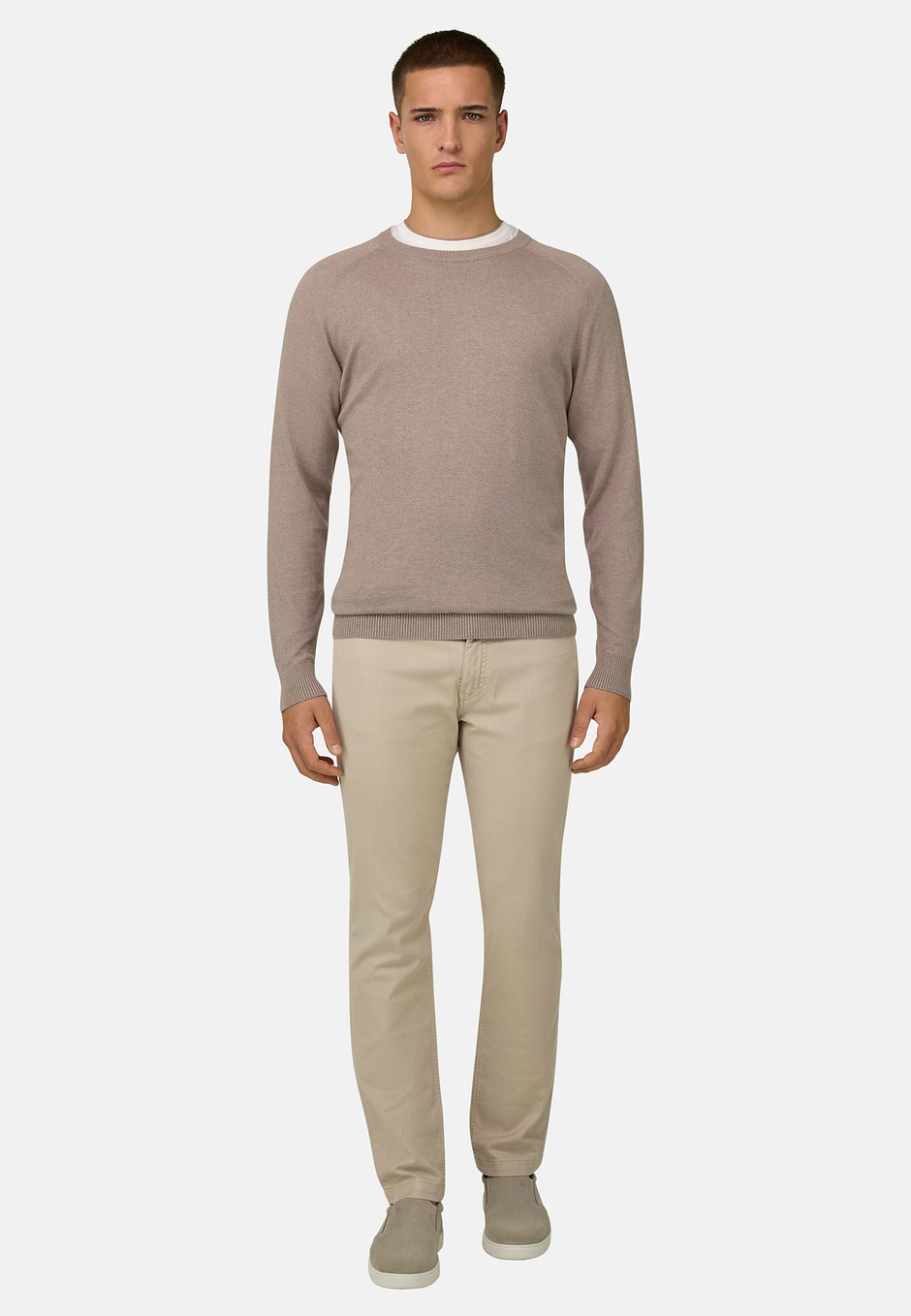 Cotton, Silk and Cashmere Crew Neck Jumper, Taupe, hi-res