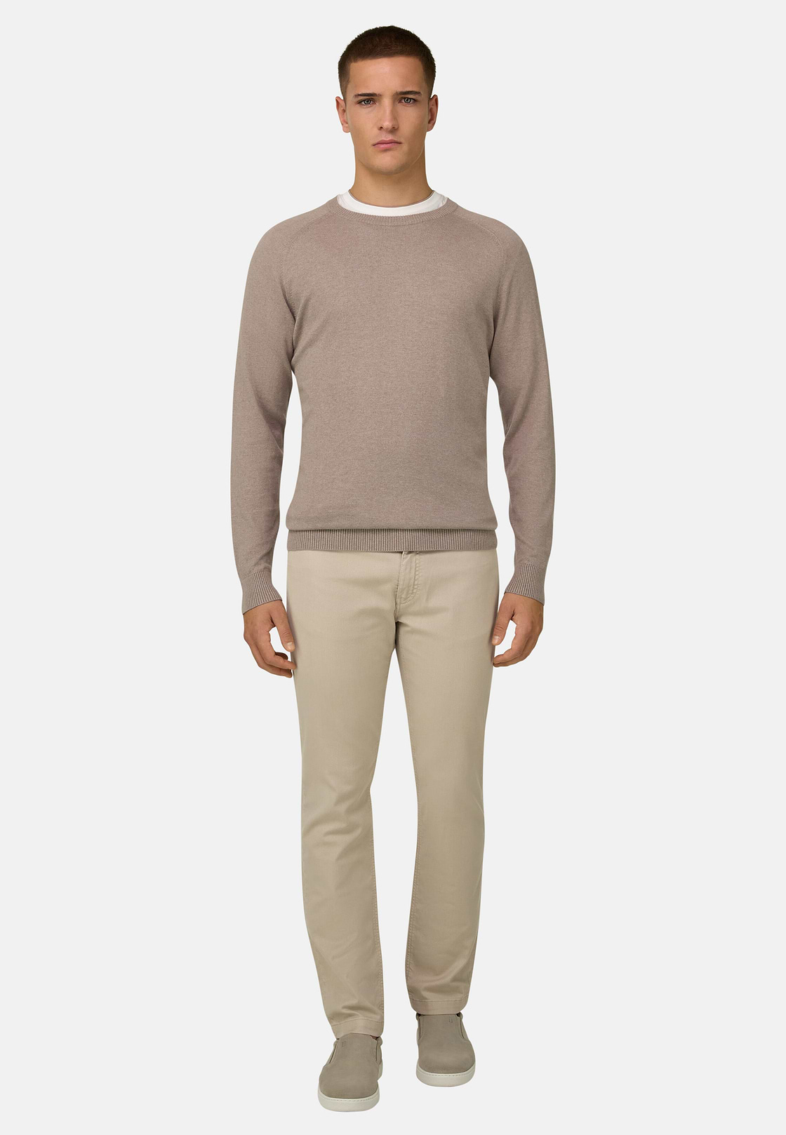 Pull Col Rond En Coton Soie Cachemire, Taupe, hi-res, 2