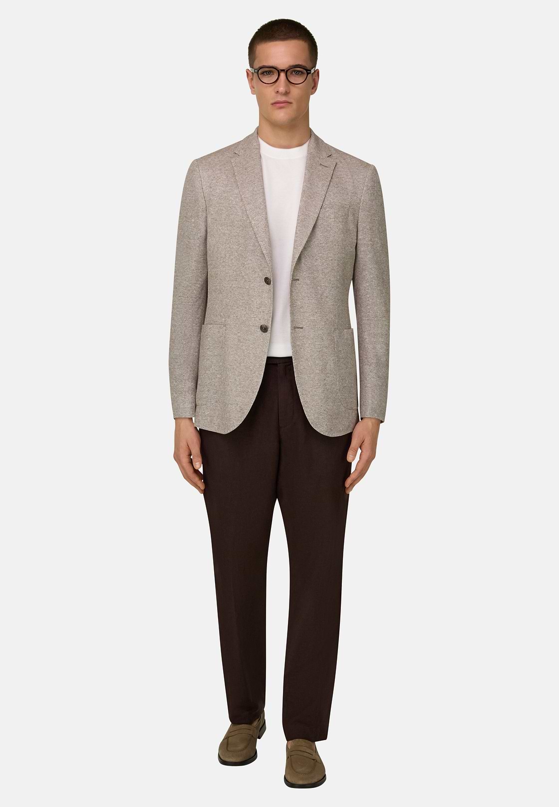 B Jersey Micro Textured Jacket in a Linen and Cotton Blend, Brown, hi-res, 2