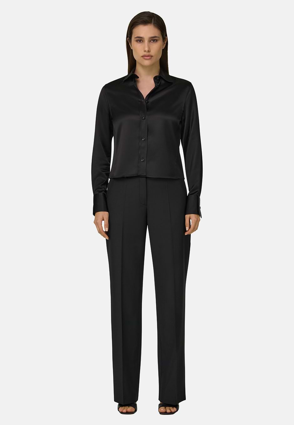 Camisa De Satén Regular Fit, Negro, hi-res