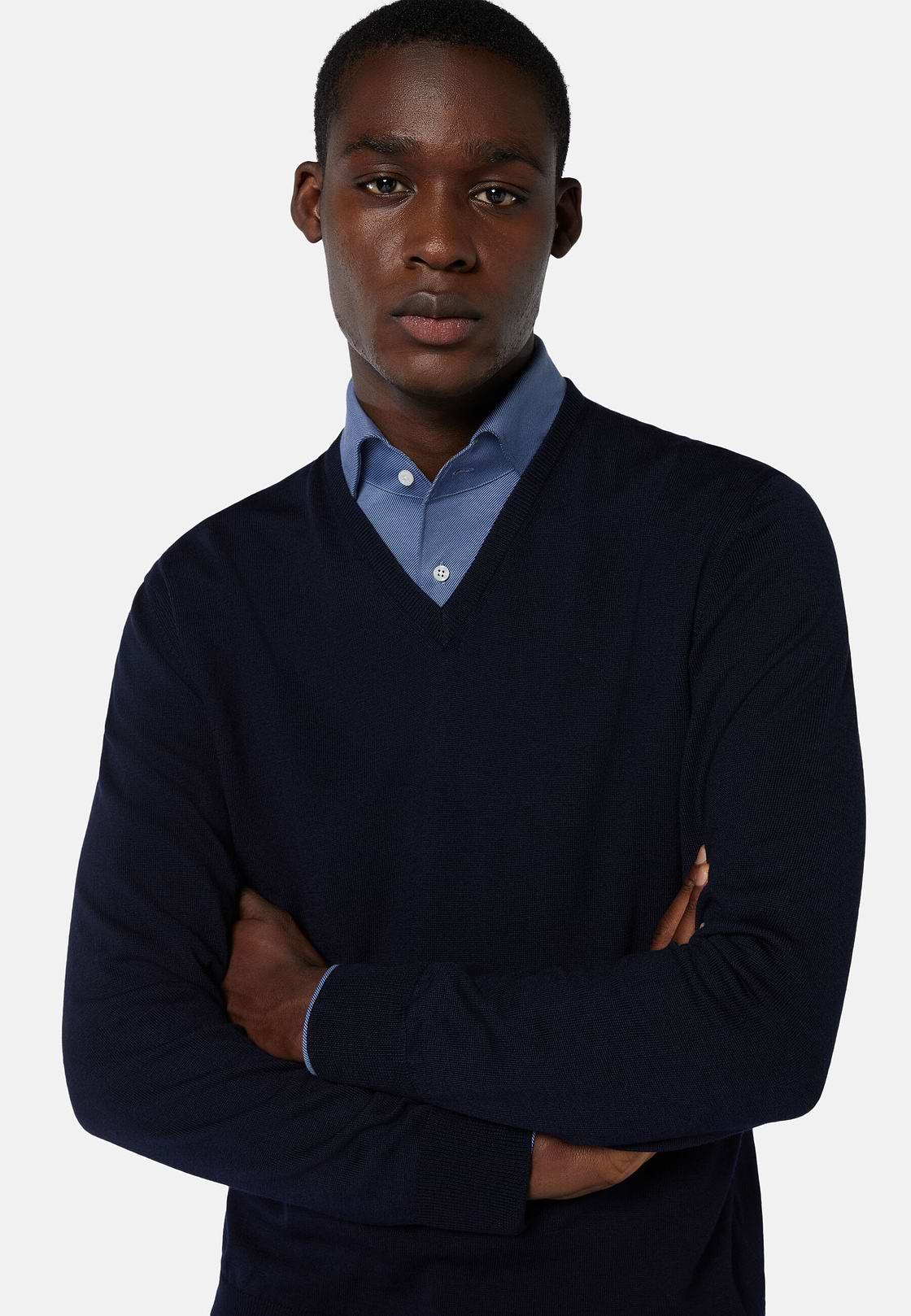 Maglia Scollo V Navy In Lana Merino, Navy, hi-res