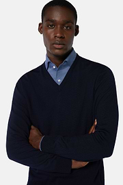 Maglia Scollo V Navy In Lana Merino, Navy, hi-res
