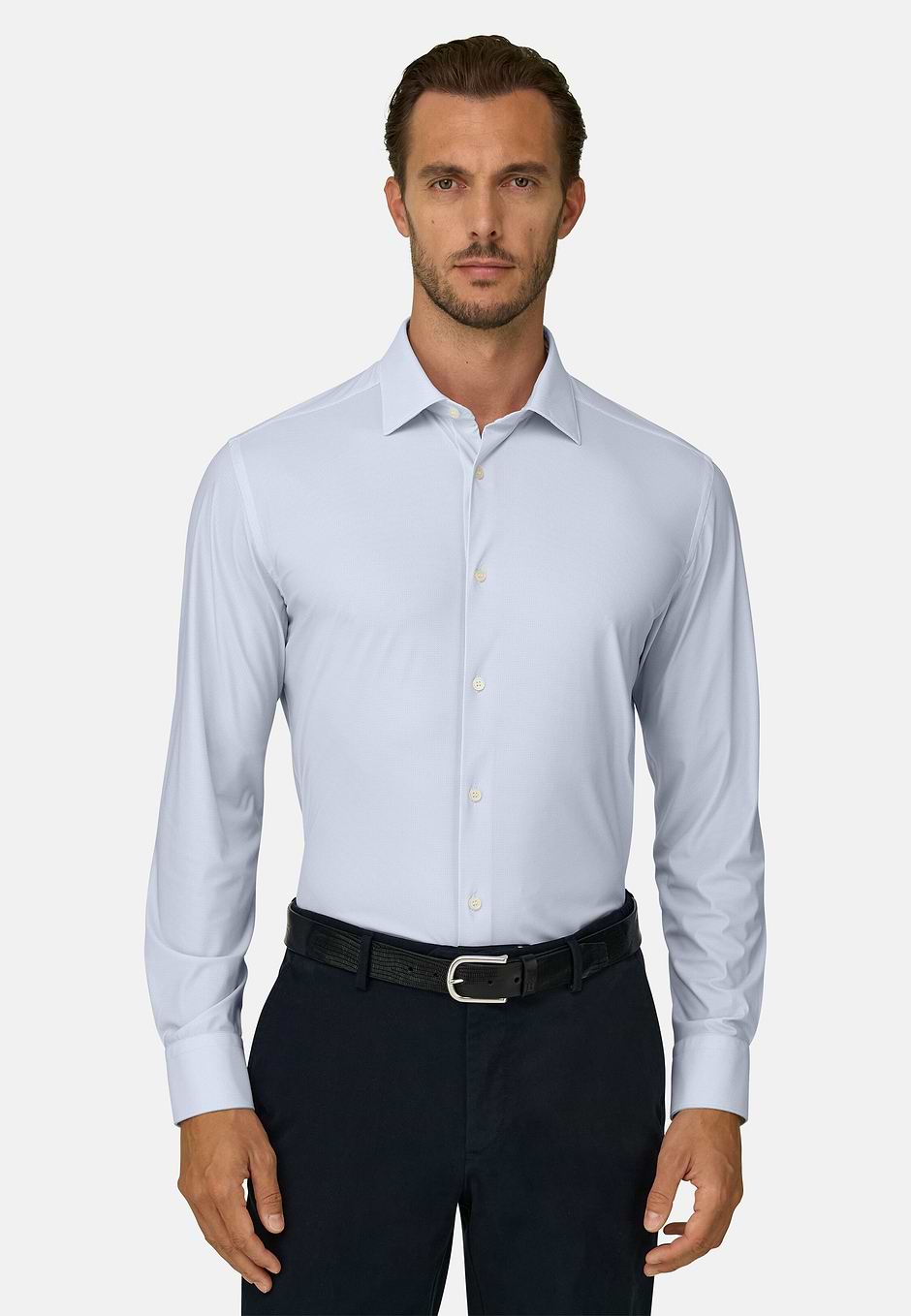 Camicia Micro Fantasia in Nylon Stretch Slim Fit B Tech, Azzurro, hi-res