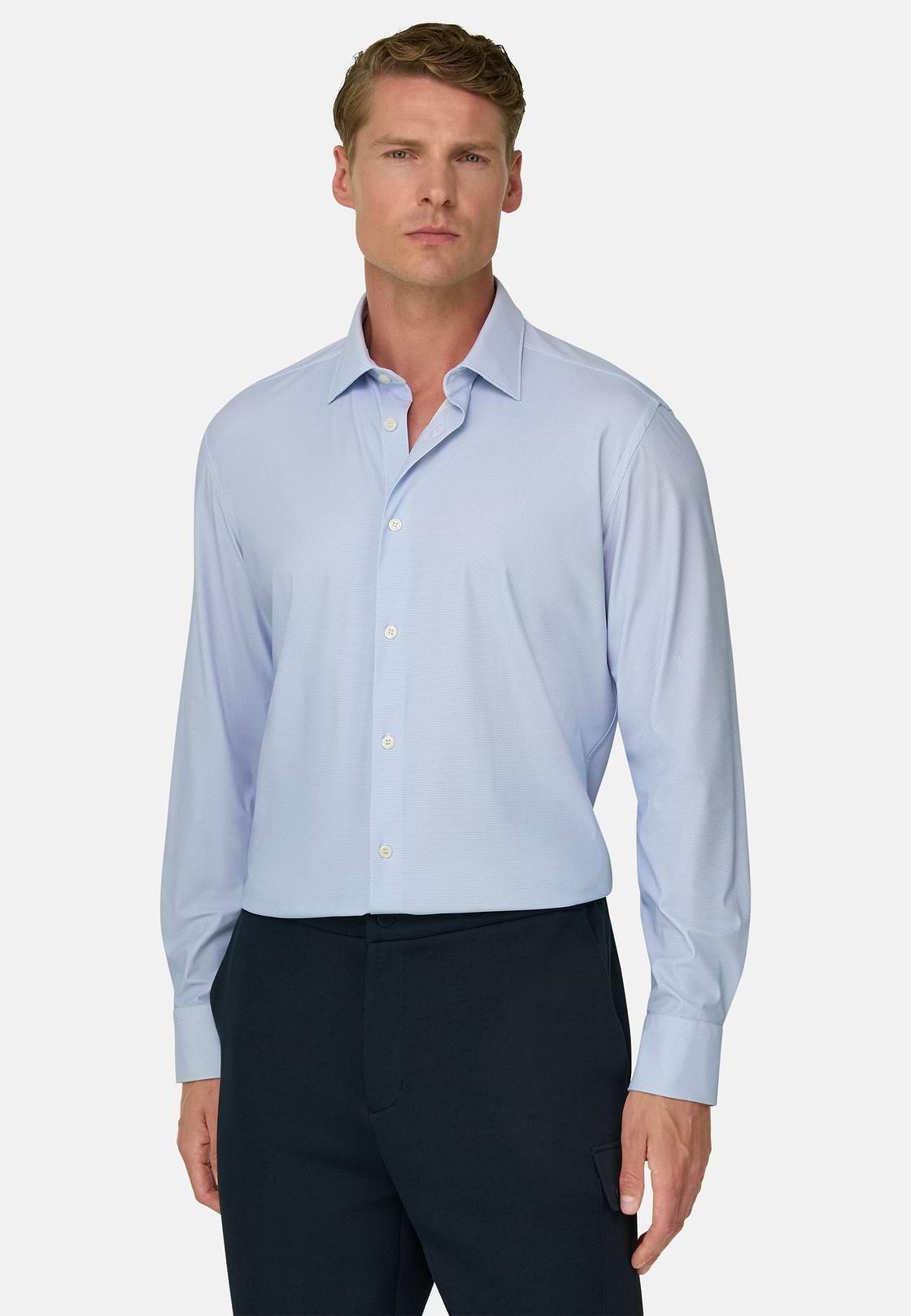 Shirt Micro Patterned Stretch Nylon Slim Fit B Tech, Light Blue, hi-res, 1