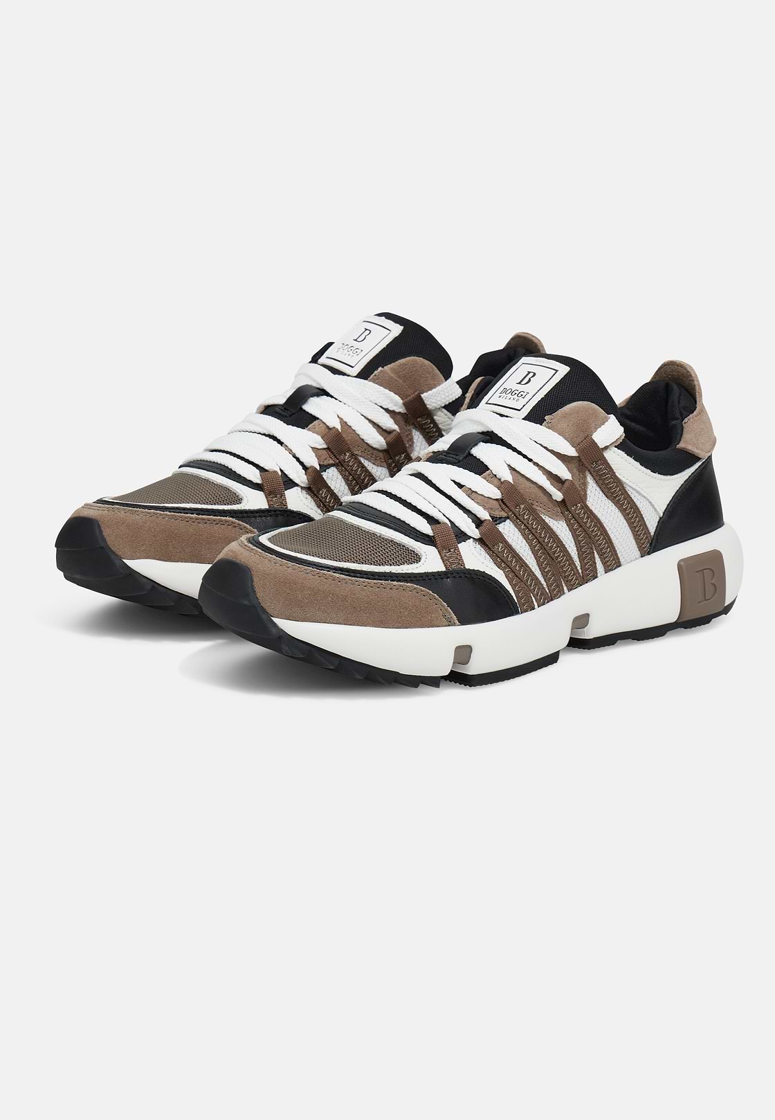 Technical Fabric and Leather Trainers, White - Taupe, hi-res