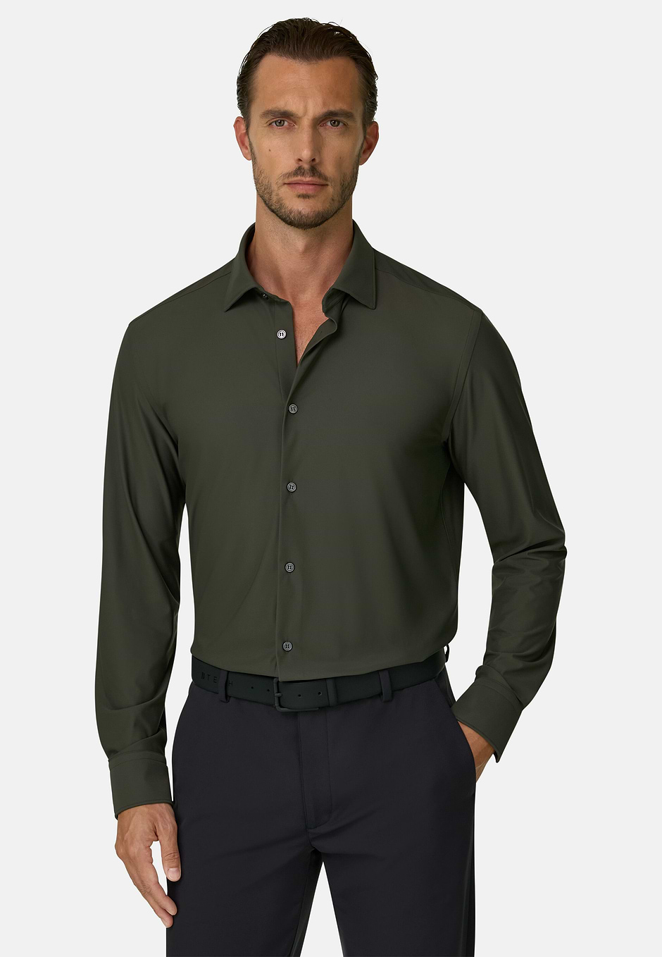 Shirt in Stretch Nylon B Tech Slim Fit, Military Green, hi-res