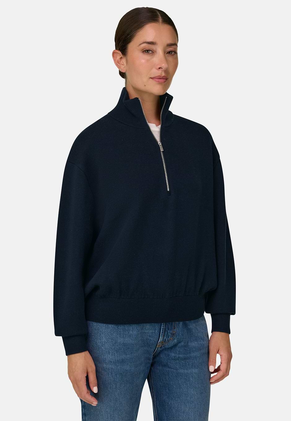 Negyed Cipzáras Kötött Pulóver Gyapjú és Kasmír, Navy blue, hi-res