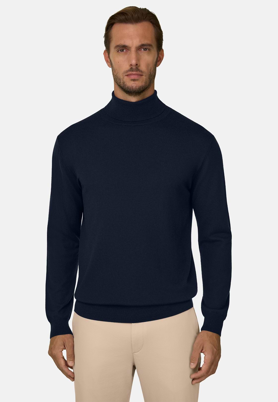 Merino Wool Polo Neck Jumper, Navy blue, hi-res, 1