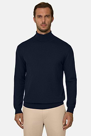 Merino Wool Polo Neck Jumper, Navy blue, thumb, 1