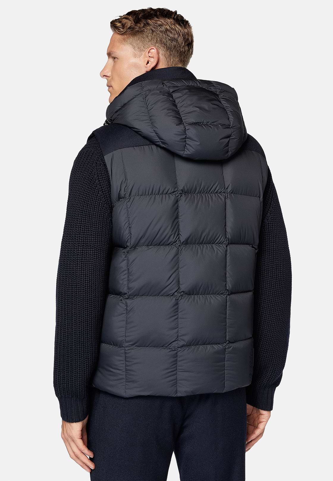Gilet In Flanella Imbottito In Piuma Con Cappuccio, Navy, hi-res