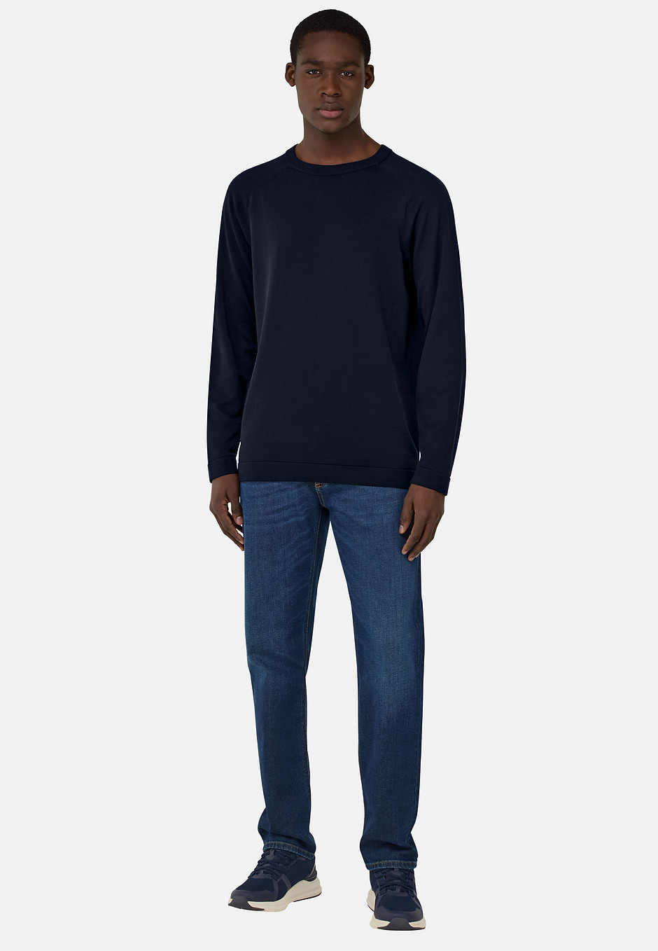 Cotton and Silk Crew Neck Jumper, Navy blue, hi-res