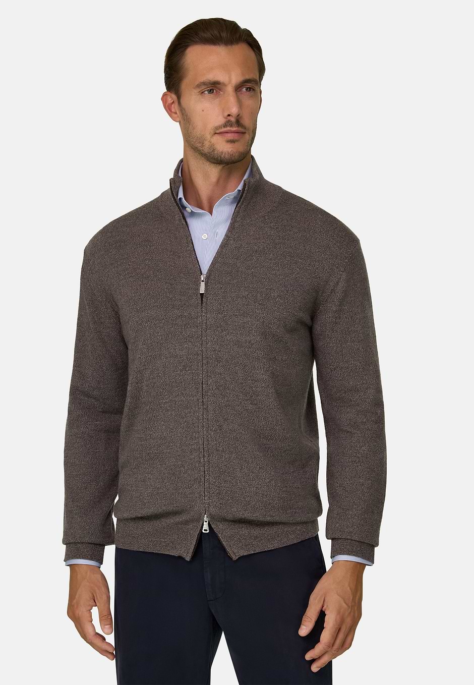 Full-Zip-Pullover aus Merino Cashwool® Mouliné, Taupe, hi-res