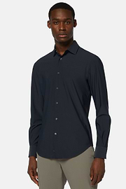 Chemise Bleu Marine En Nylon Stretch Slim Fit, bleu marine, hi-res