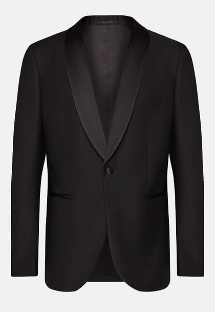 Chaqueta De Esmoquin Negra De Lana Solapa Tipo Chal, Negro, hi-res