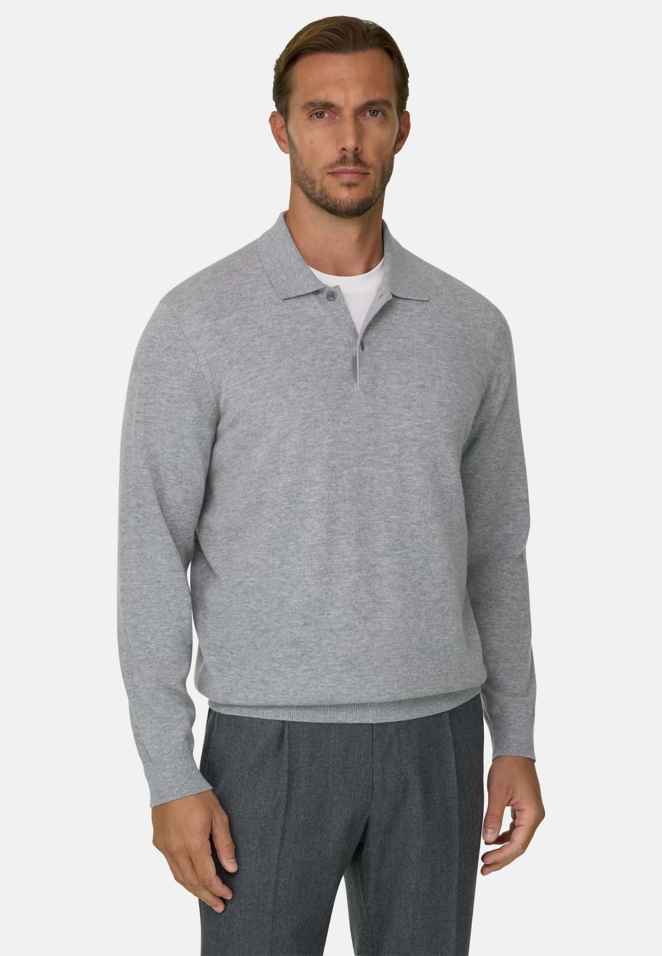 Knitted Polo Shirt in Cashmere Wool, Grey, hi-res