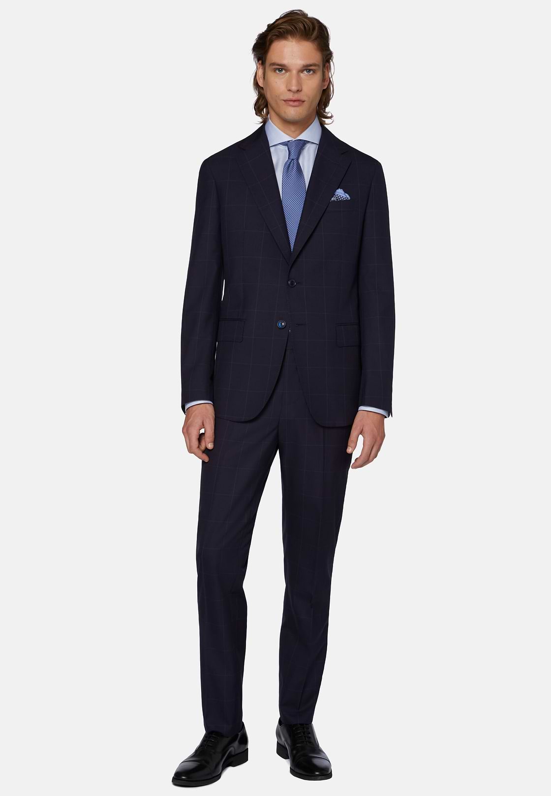 Navy Blue Windowpane Check Suit In Pure Wool, Navy blue, hi-res