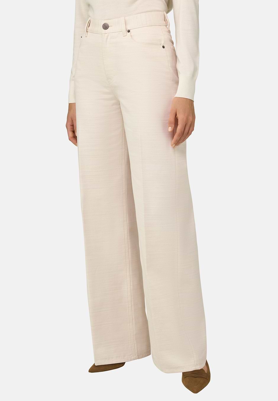 Wide Leg 5-Pocket Trousers, Cream, hi-res