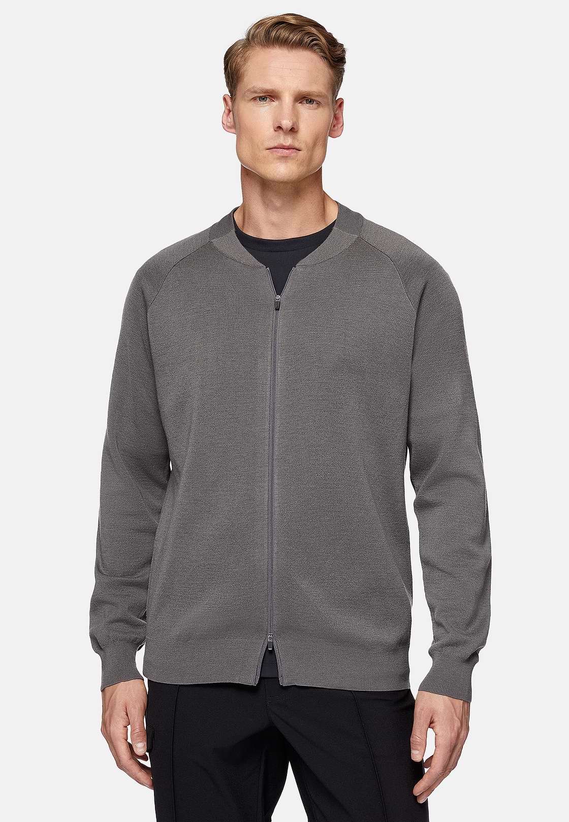 Dark Grey Merino Wool Tech Bomber Jacket, Dark Grey, hi-res