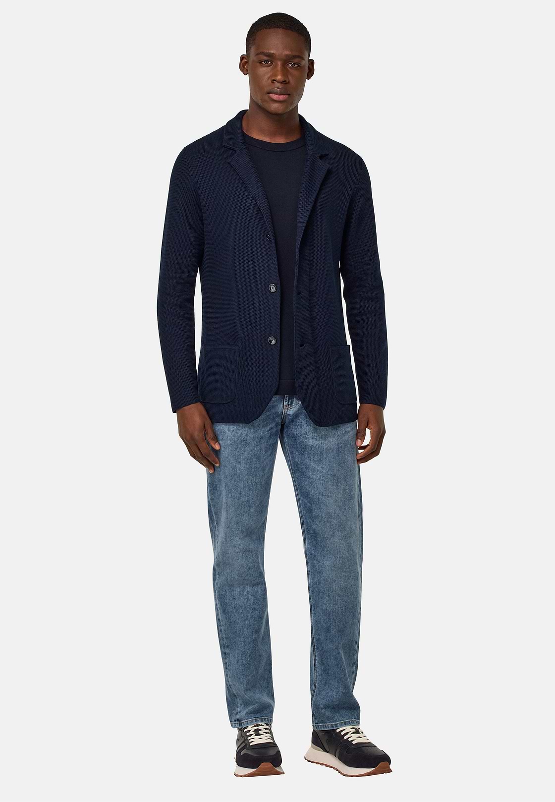 Cotton Crêpe Knitted Single-Breasted Jacket, Navy blue, hi-res
