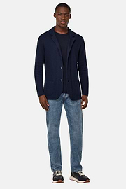 Cotton Crêpe Knitted Single-Breasted Jacket, Navy blue, hi-res