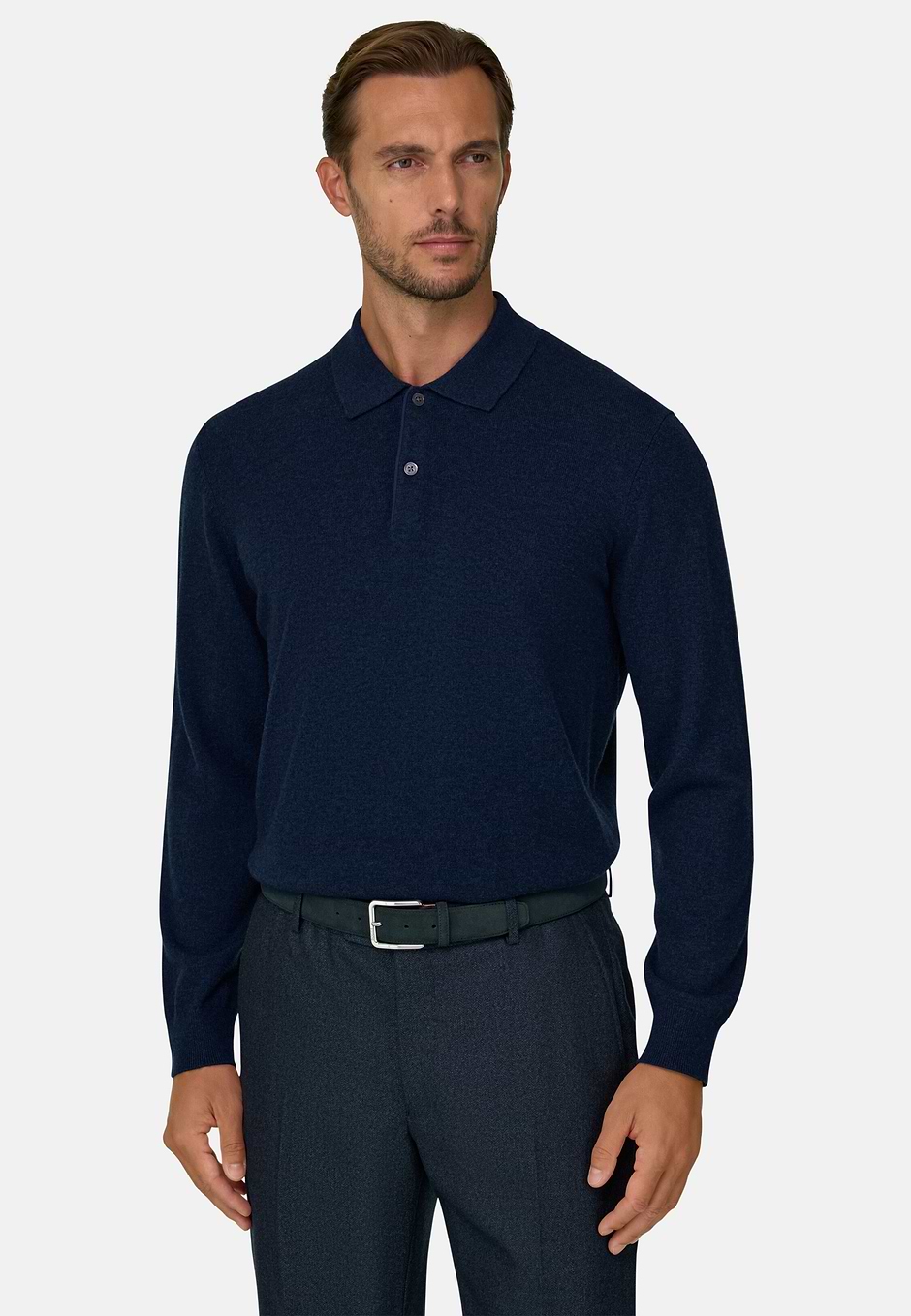 Knitted Polo Shirt in Cashmere Wool, Navy blue, hi-res
