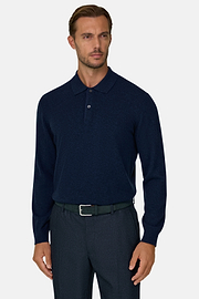 Knitted Polo Shirt in Cashmere Wool, Navy blue, thumb, 1