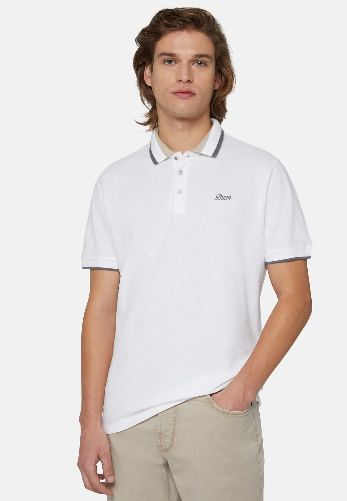 Organic Cotton Blend Piqué Polo Shirt, White, hi-res