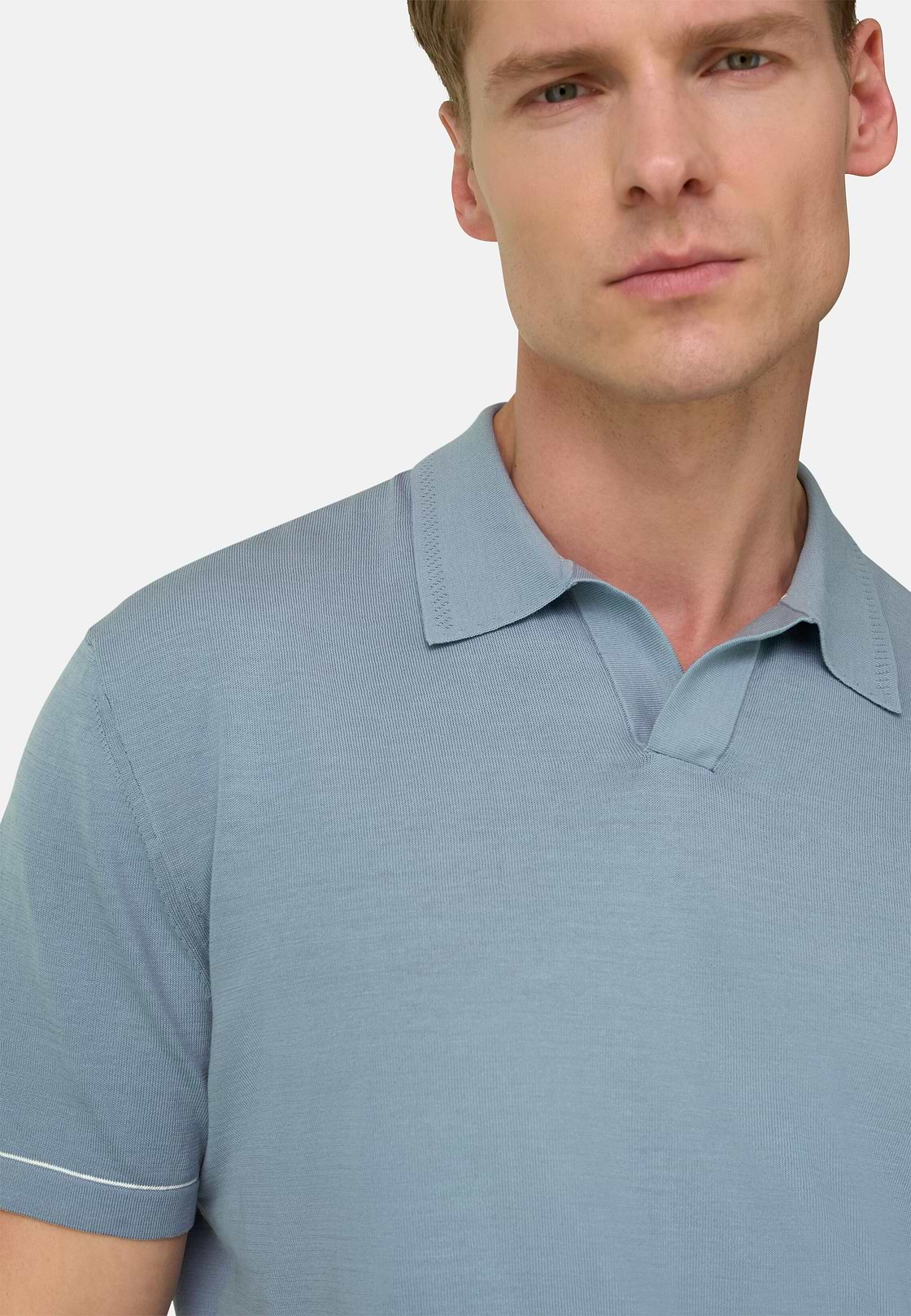 Strick-Poloshirt Aus Baumwollkrepp, Hellblau, hi-res, 4