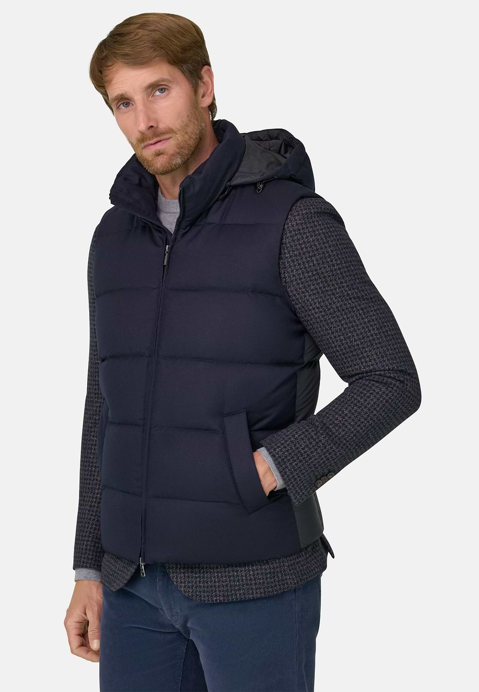 Gilet En Flanelle Matelassé Plume Avec Capuche, bleu marine, hi-res