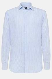 Striped Linen Closed Collar Shirt Regular Fit, Medium Blue, hi-res