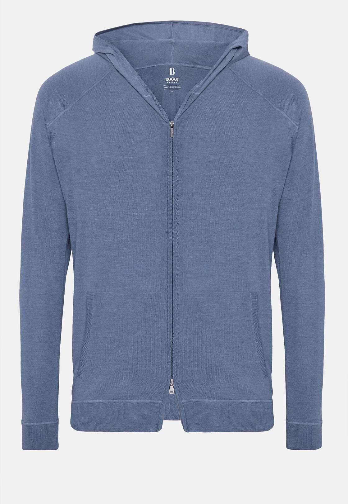 Indigo Full Zip Hooded Jumper In Merino Wool, Indigo, hi-res