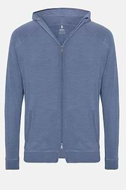 Indigo Full Zip Hooded Jumper In Merino Wool, Indigo, hi-res