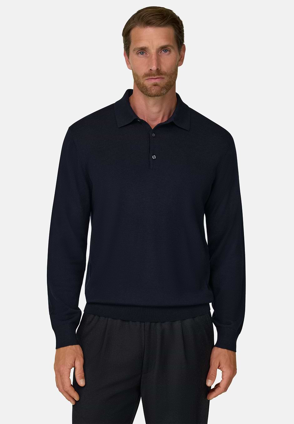Knitted Polo Shirt in Merino Wool, Navy blue, hi-res