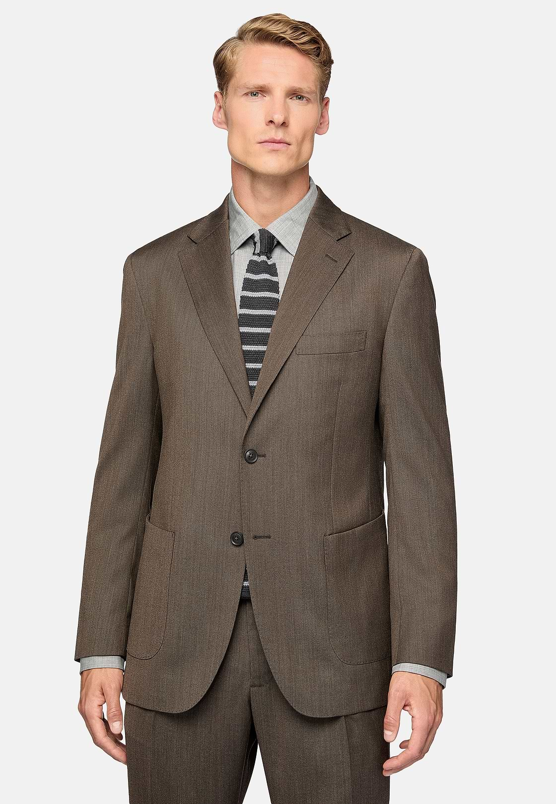 Brown Stretch Wool Suit, Brown, hi-res