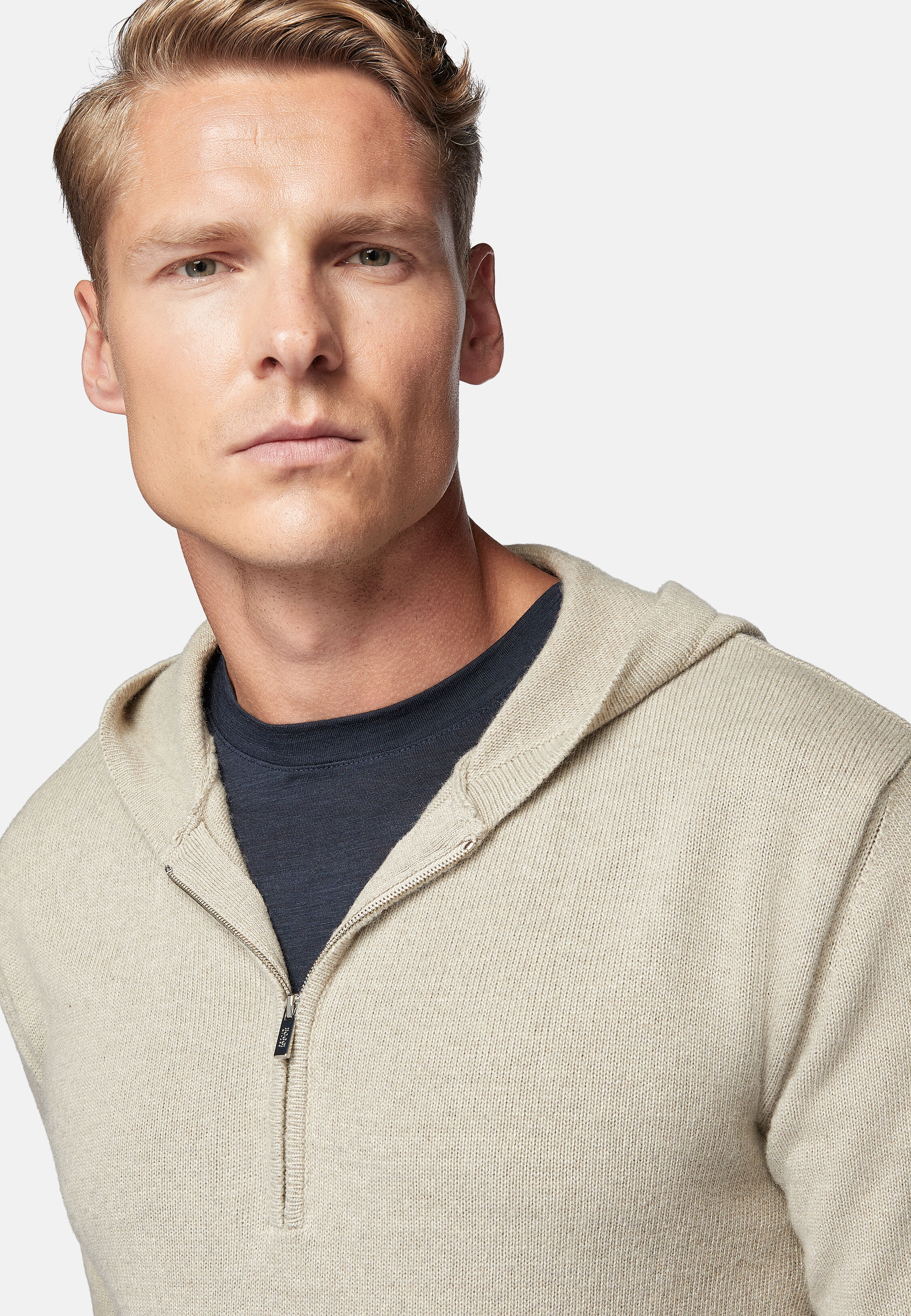 Boggi Milano Hazelnut Hooded Jumper in A Cashmere Blend Man Sand Size XXL