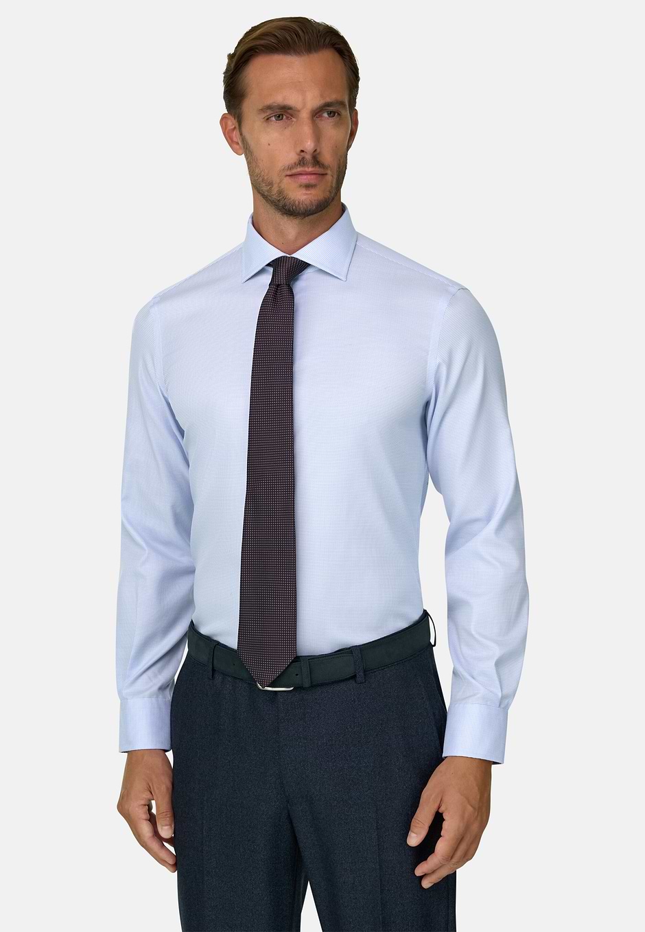 Camicia in Dobby in Cotone Non-Iron Slim Fit, Azzurro, hi-res