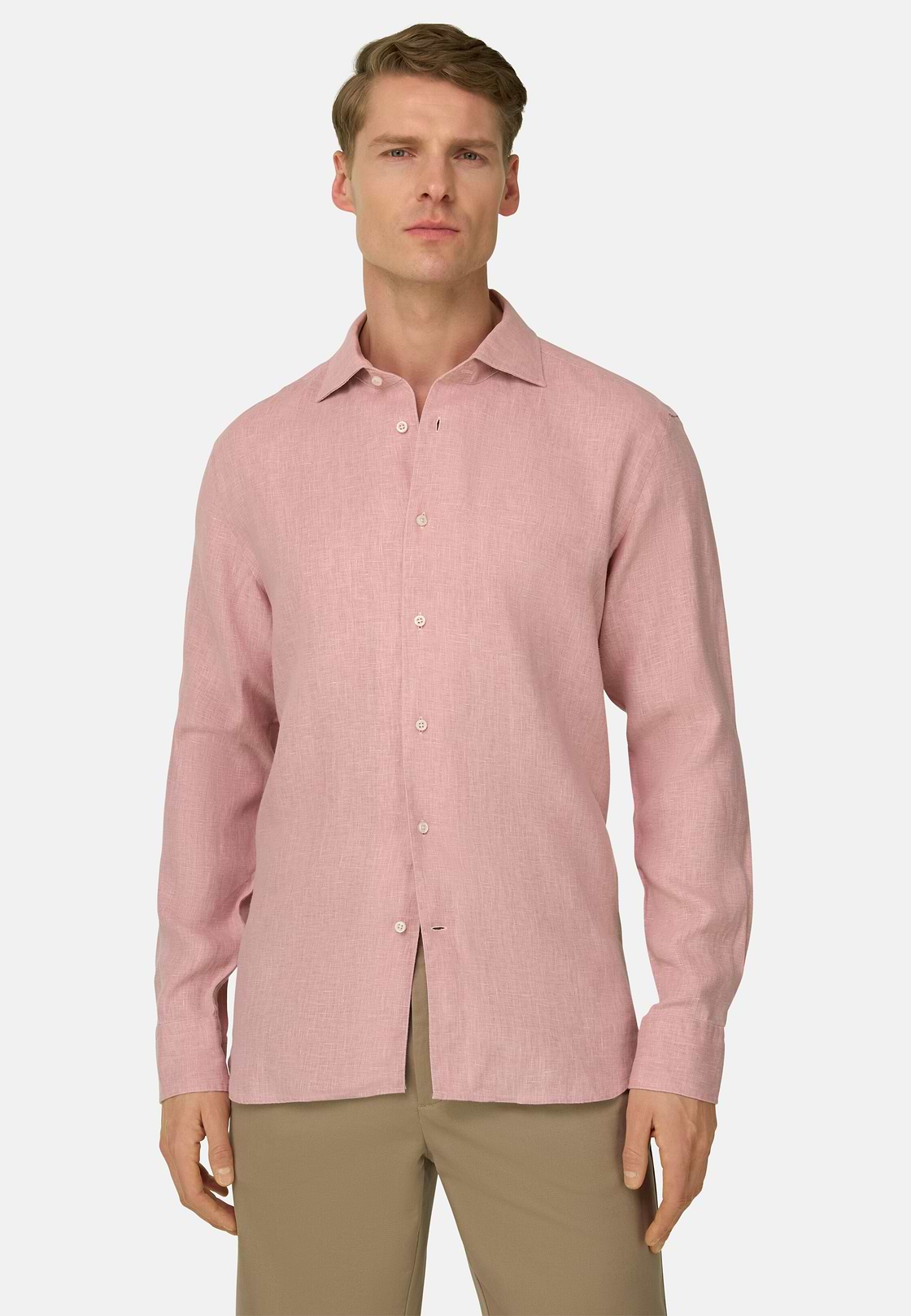 Camicia In Lino Regular Fit, Rosa, hi-res, 1