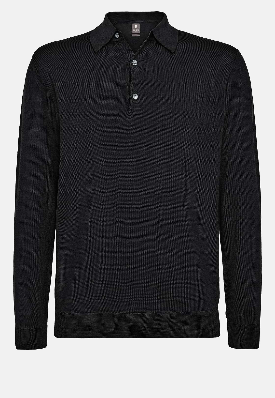 Zwart gebreid poloshirt van merinowol, Black, hi-res