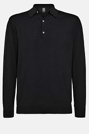 Black Merino Wool Knitted Polo Shirt, Black, hi-res