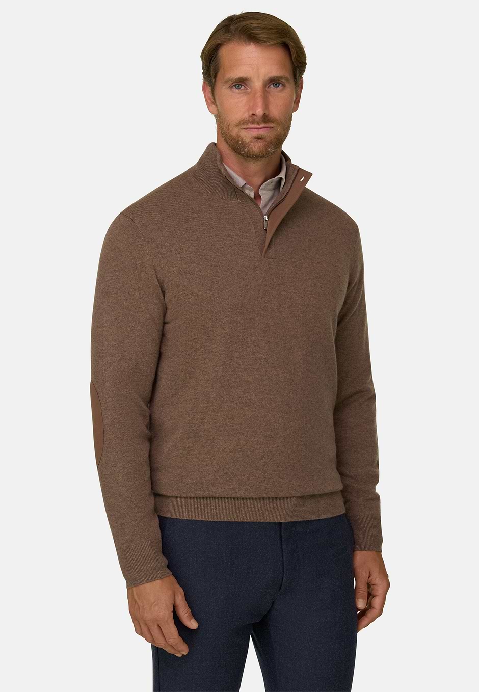 Roll Neck Jumper Quarter-Zip Wool Cashmere Mélange, Brown, hi-res