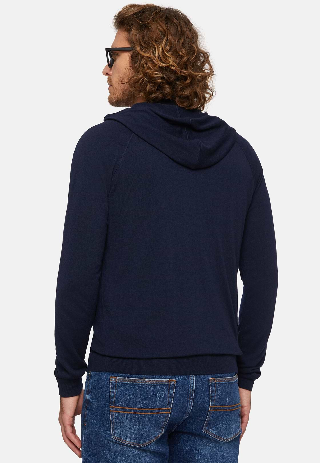 Navy Full Zip Hooded Jumper In Merino Wool, Navy blue, hi-res