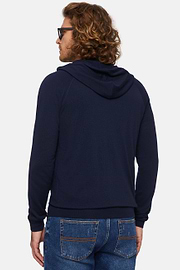 Navy Full Zip Hooded Jumper In Merino Wool, Navy blue, hi-res