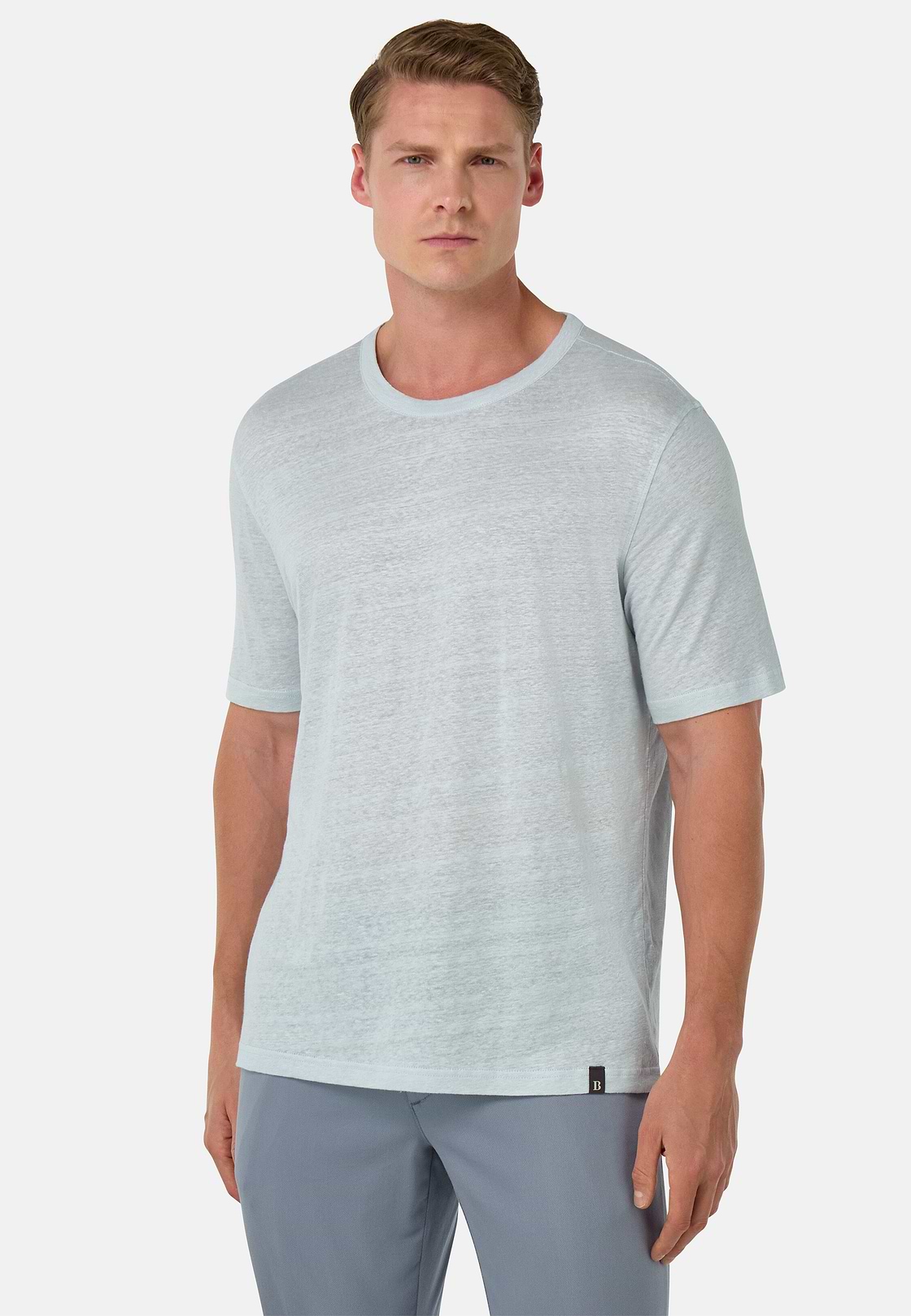 T-Shirt in Stretch Linen Jersey, Light Blue, hi-res