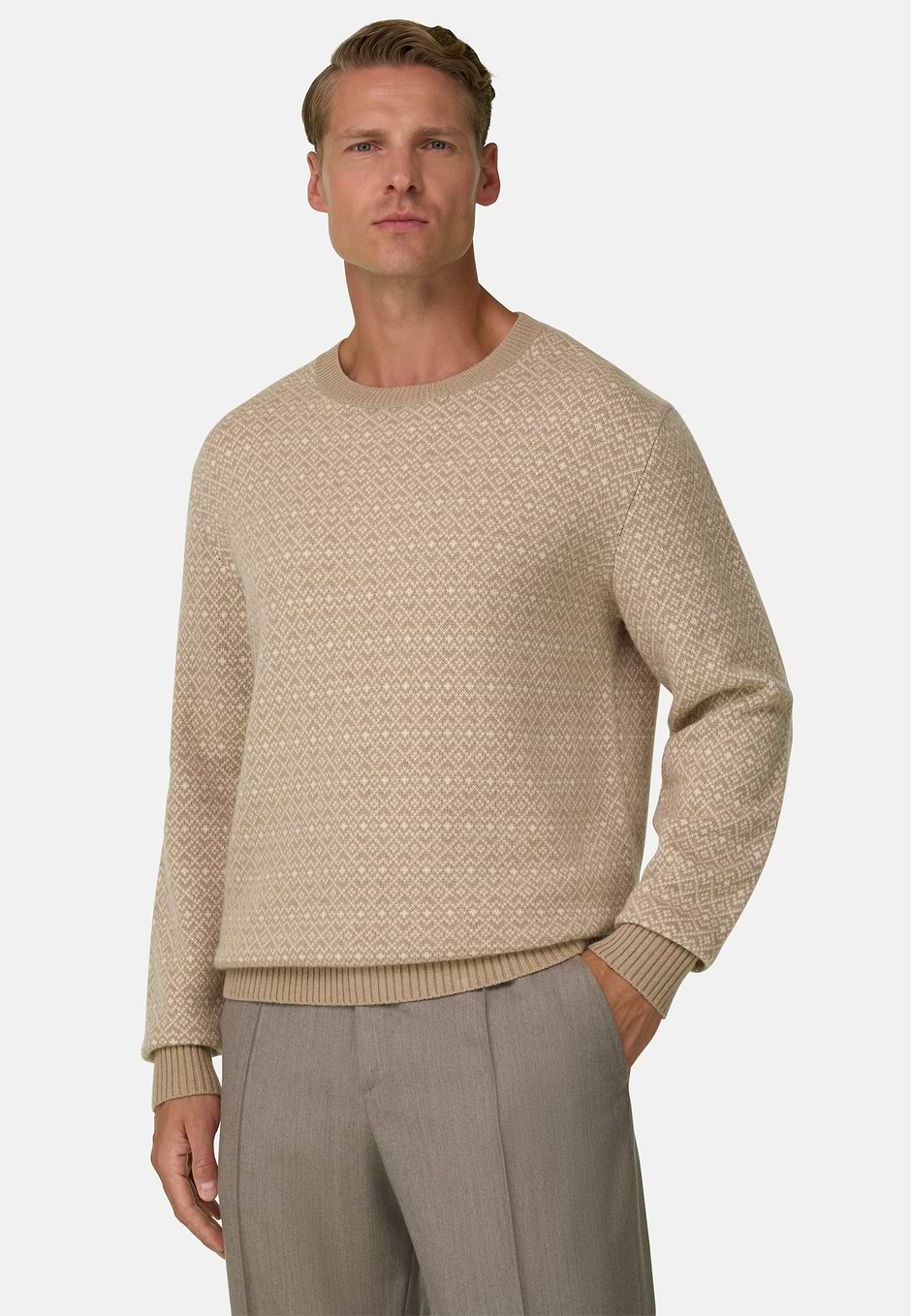 Jersey de cuello redondo en lana cashmere jacquard, CAML, hi-res